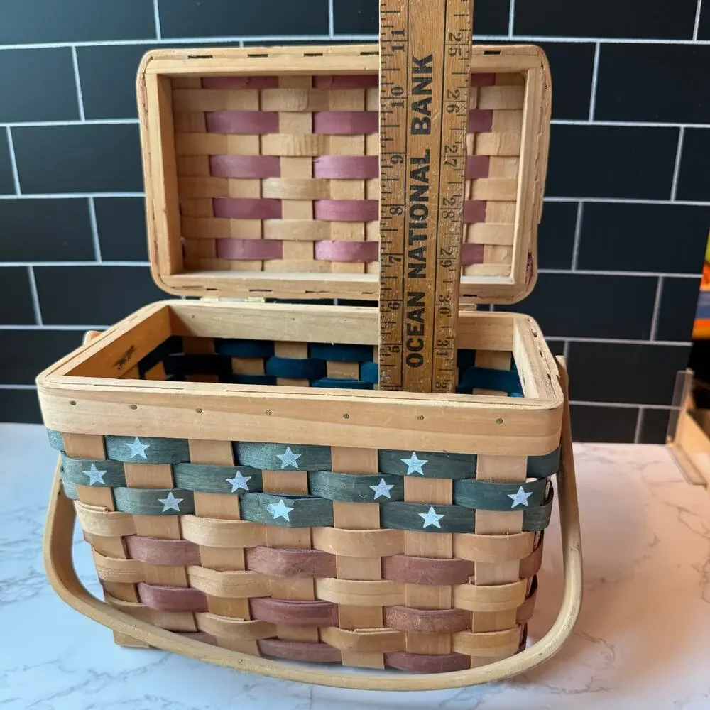 VTG Patriotic Stars Woven Wood Basket Lid Decor